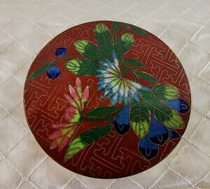 Vintage Chinese Cloisonne Enamel Brass Round Trinket Jewelry Box Floral 3" Lid
